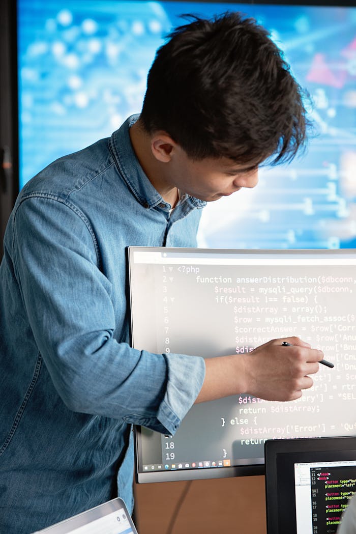 heros-img Asian male programmer writing code on a computer monitor in an office setting.